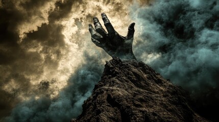 Mysterious Hand Emerging from Dark Mountain Under Stormy Skies in an Eerie Atmospheric Scene