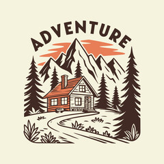 Wilderness Adventure Badge with Wooden Cabin and Snowy Peaks Illustration