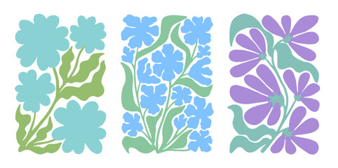 Fototapeta premium Set of groovy floral botanical background in trendy naive retro hippie 60s 70s style. Vertica blue poster with abstract wavy flower