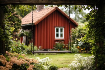 Charming red cottage nestled among lush greenery with a swing in the garden during summer