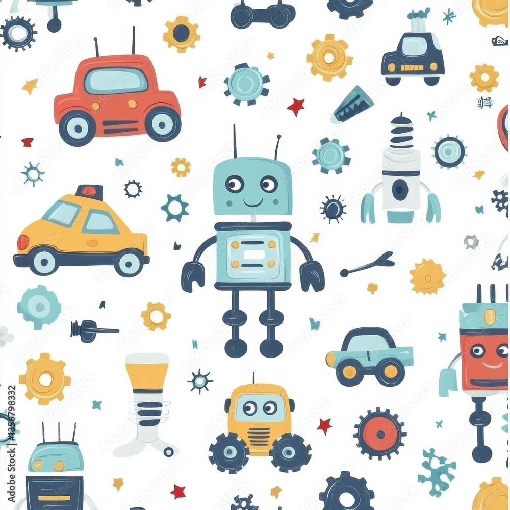 Poster seamless baby pattern featuring cute toy robots, tiny cars, and playful gears in soft bright colors 