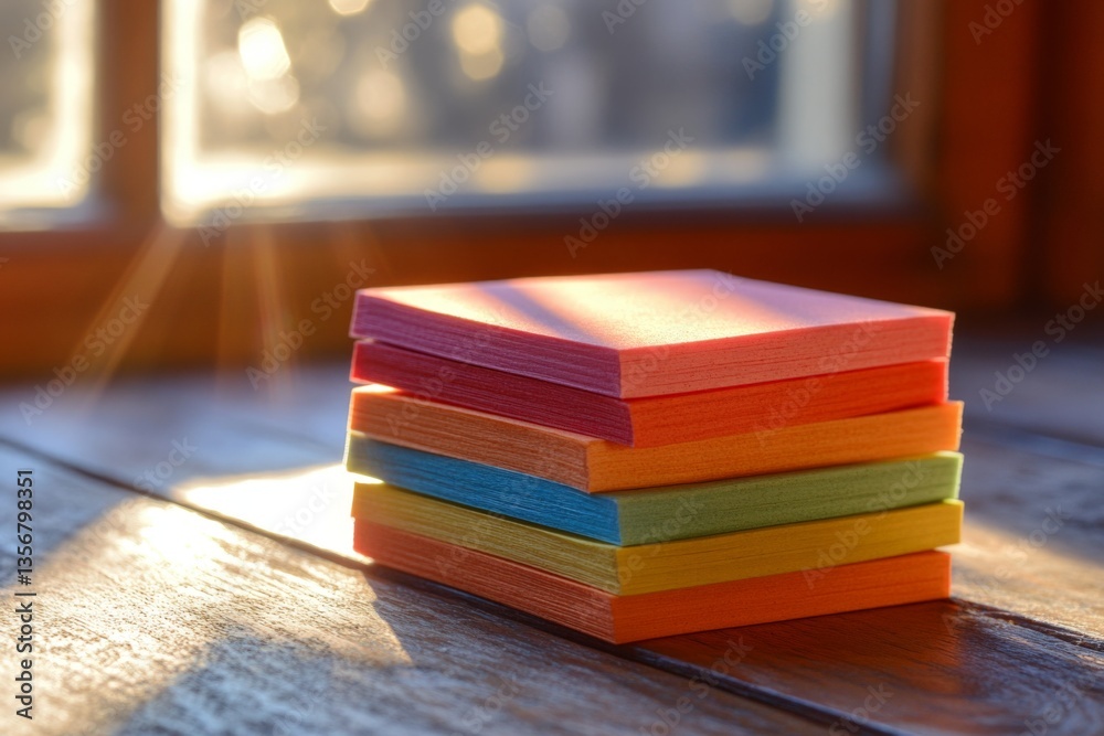 Poster colorful sticky notes stacked by a window in warm sunlight during the afternoon