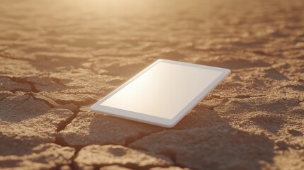Cracked desert floor with embedded white tablet and e-book covers
