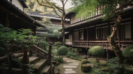 Obraz premium Serene Traditional Japanese Architecture in Courtyard Garden with Lush Greenery and Stone Path
