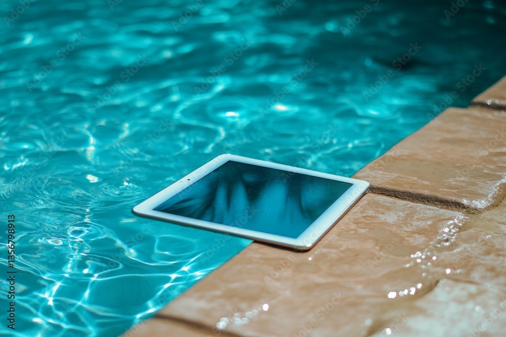 Poster tablet resting on the edge of a swimming pool under sunlight during a summer day