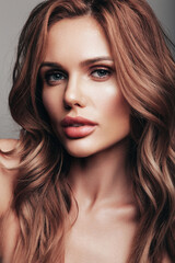 Fototapeta premium Fashion beauty portrait of young brunette woman with evening stylish makeup and perfect clean skin. Sexy model with curly hairstyle posing in studio