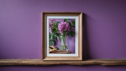 Wooden picture frame on a shelf against a purple wall showcasing a floral arrangement in a vase with leaves and blurred background.