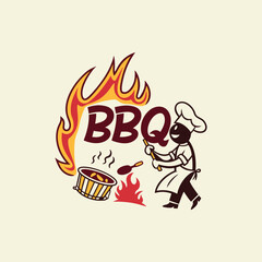 Minimalist Barbecue Grill Icon with Fire and Cooking Elements