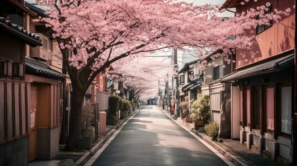 Fototapeta premium Street in Japanese Town with Blossoming Cherry Trees Creating a Tunnel of Pink Flowers Overhead
