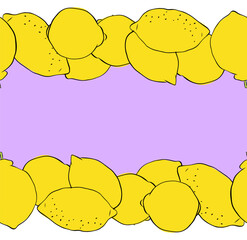 Lemons citric fruits seamless horizontal border frame. Hand drawn vector graphic line ink yellow colored illustration. art for food design, recipe, cook book, packages, menu, food ads and decor