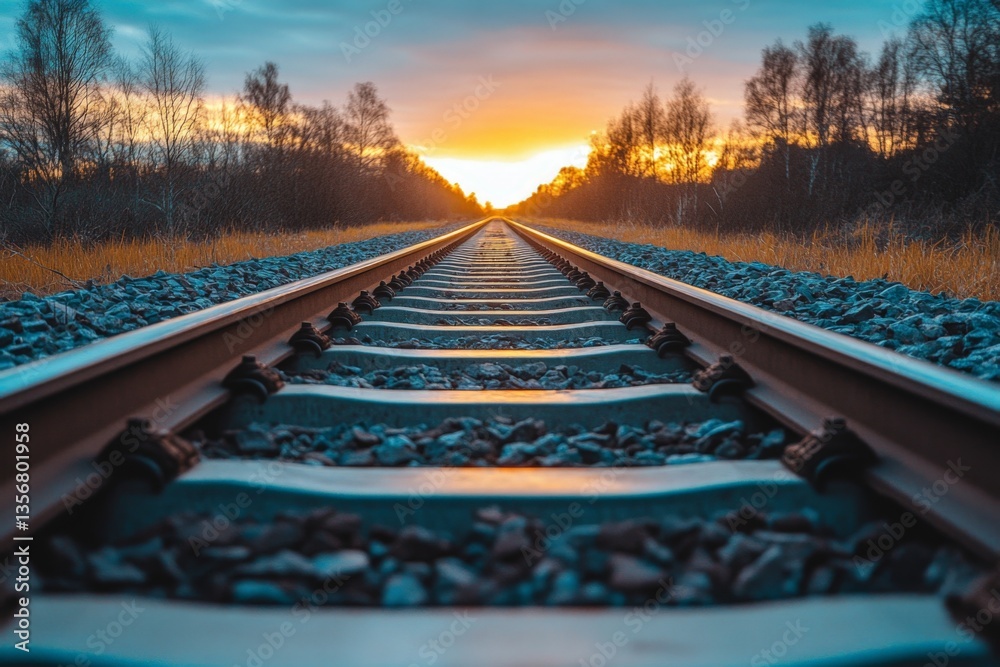 Aufkleber sunset over railway tracks in a serene landscape with trees lining the horizon