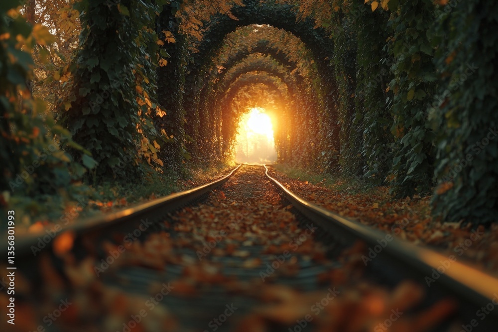 Aufkleber Sunlight filters through a leafy tunnel over an abandoned railway track during golden hour