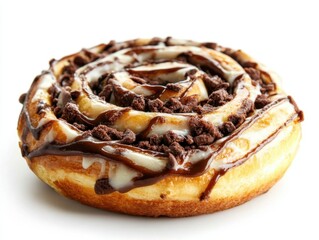 Fototapeta premium Delicious cinnamon roll with chocolate topping on a white background close up shot bakery product spiral sweet treat tempting pastry