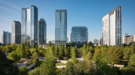Fototapeta premium Towers Above Lush Greenery A Blend of Modern Architecture and Nature in Urban Skyline View