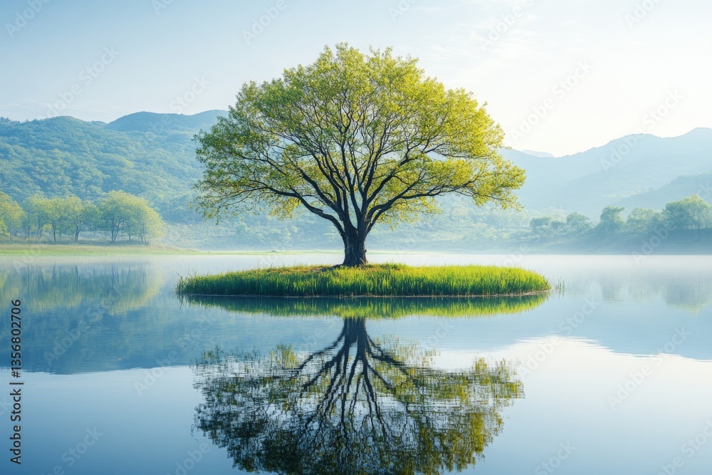 Poster serene landscape with a solitary tree reflecting in calm water at dawn in a tranquil setting