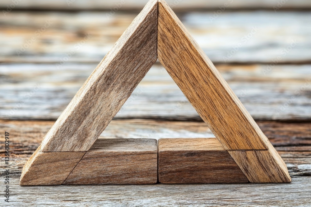 Poster Wooden triangular structure created with blocks on rustic wooden surface in bright light near a window