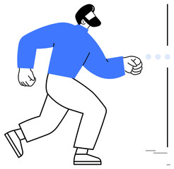 Confident man in blue shirt and white pants walking purposefully, fist raised, symbolizing determination, action, and goals. Ideal for leadership, ambition, motivation, progress success