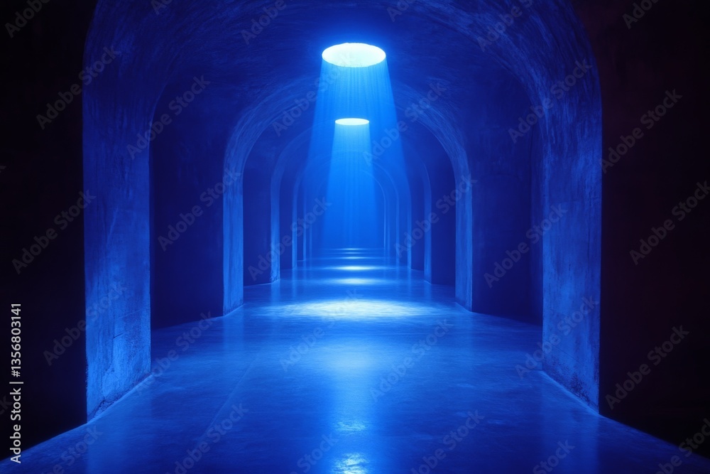 Poster mysterious blue-lit corridor with shafts of light illuminating the dark architecture
