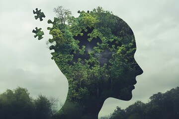 Eco-Anxiety concept depicted by a human head shape with extracted puzzle pieces, symbolizing fear of environmental doom and unease about future catastrophes, captured in high quality.