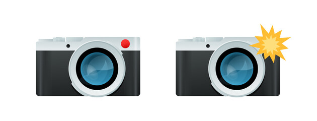 Camera with flash light vector isolated icon. Photo camera emoji illustration. Camera icons set, 10 eps.