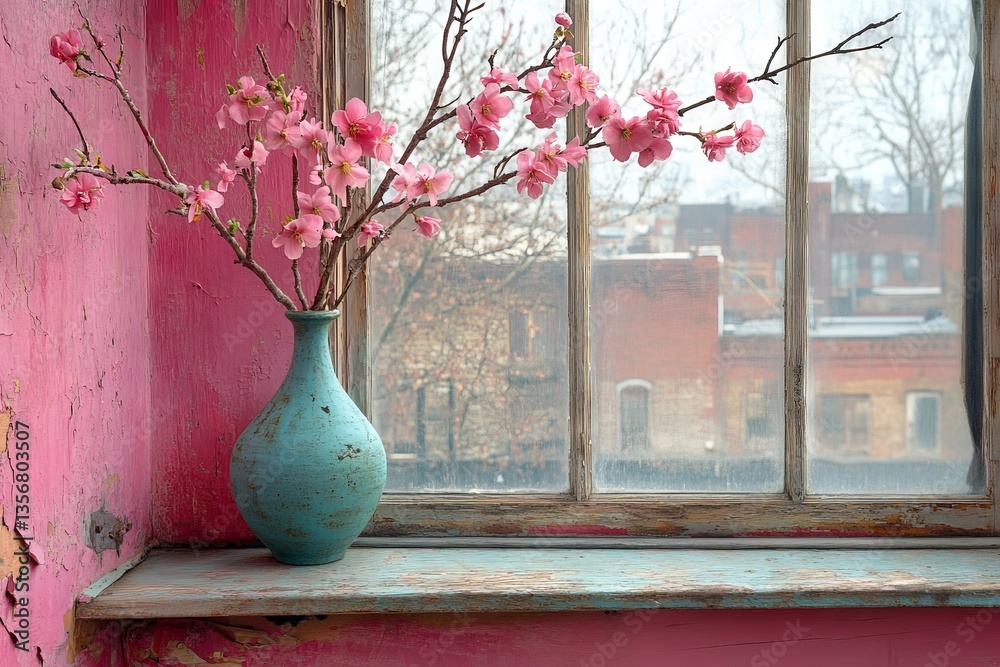 Poster delicate pink blossoms in a rustic vase against a weathered window in a charming urban setting