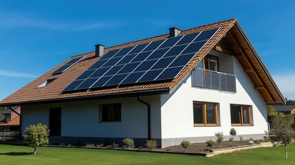 Contemporary passive smart house featuring solar panels on the roof, surrounded by a well-maintained garden and clear blue sky.