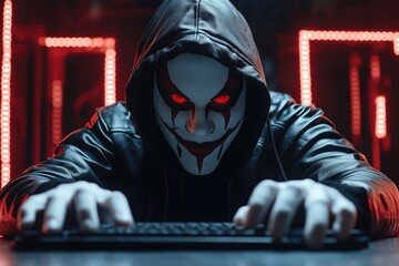 A masked hacker in a dark hoodie intensely focused on a keyboard, illuminated by red lights, creating a suspenseful atmosphere.