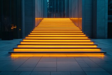 Fototapeta premium Illuminated steps lead to a modern building at dusk, showcasing urban design and architectural beauty