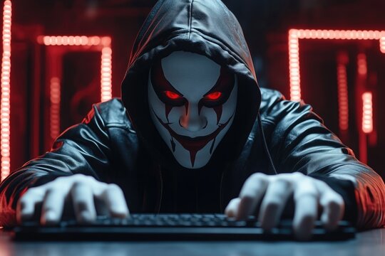A masked hacker in a dark hoodie intensely focused on a keyboard, illuminated by red lights, creating a suspenseful atmosphere.