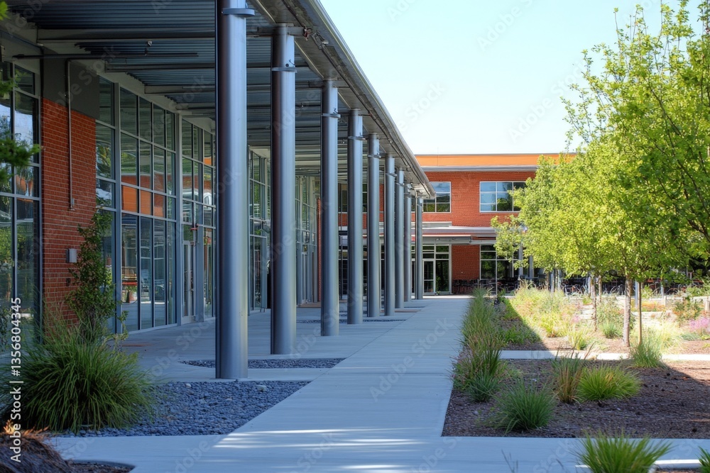 Poster Modern architecture showcases a spacious walkway lined with greenery in an educational complex under clear skies