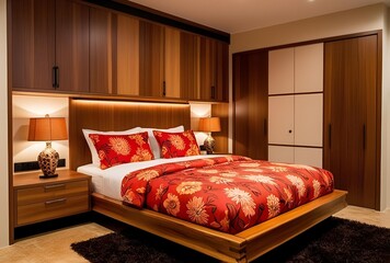 Modern Wooden Bedroom with Red Accent Wall and Built-in Storage

