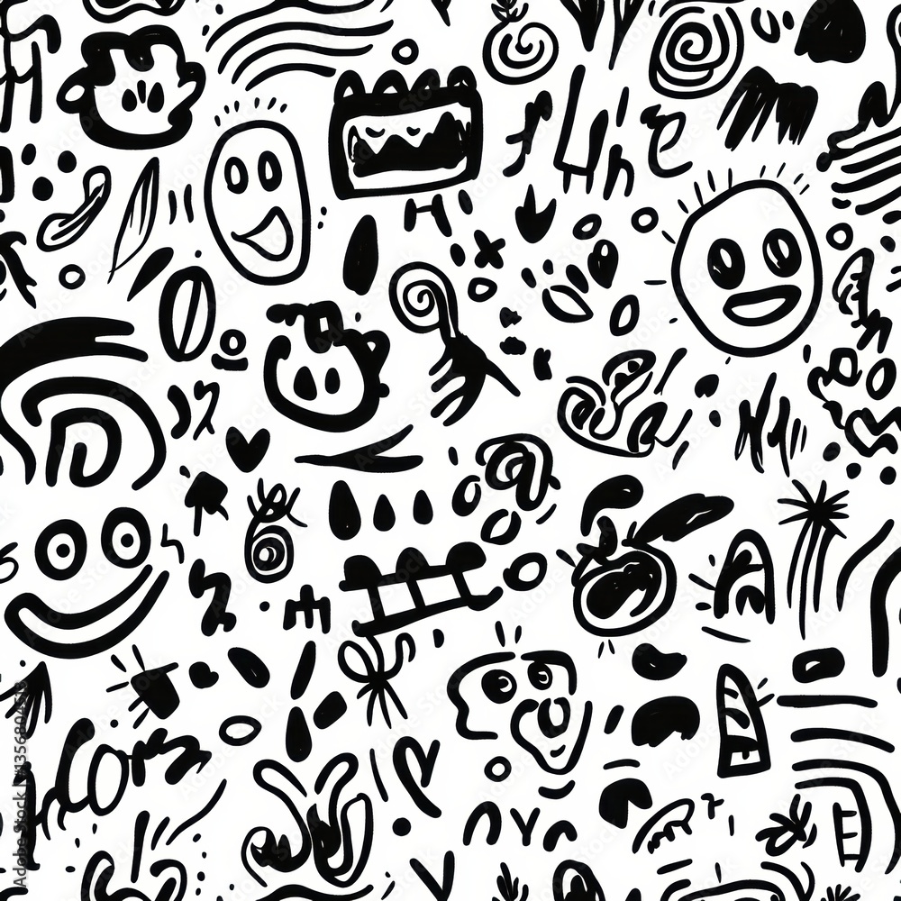 Aufkleber Seamless doodle pattern with hand-drawn icons and playful sketch lines in black ink on white background for creative projects Generative AI