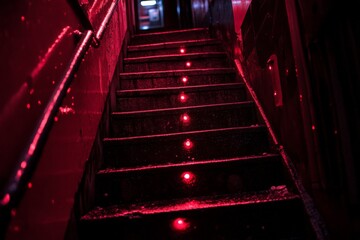 Staircase illuminated by red lights leading down into a mysterious venue at night