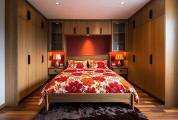 Modern Wooden Bedroom with Red Accent Wall and Built-in Storage

