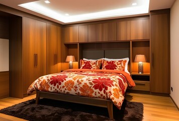 Modern Wooden Bedroom with Red Accent Wall and Built-in Storage

