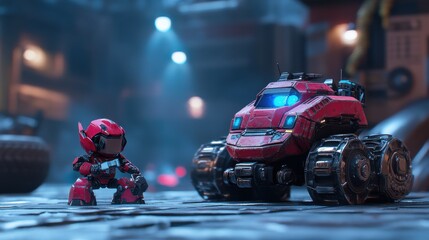 Obraz premium Small Robot and Red Vehicle in Futuristic Sci-Fi Environment