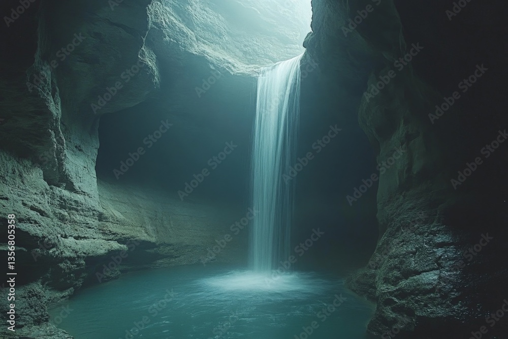 Poster Majestic waterfall cascading into a serene pool within a dark cave, illuminated by soft natural light