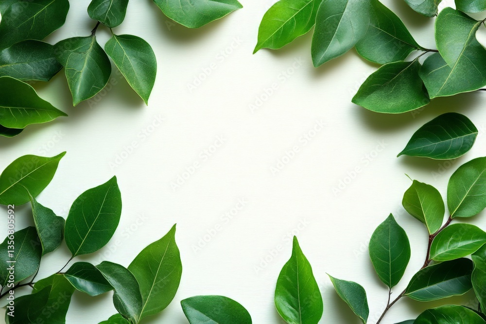 Aufkleber fresh green leaves arranged in a natural frame on a light background for decoration or design projec