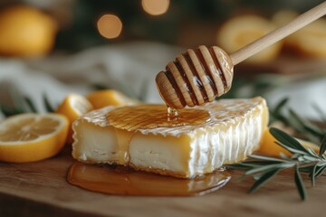 Cheese topped with honey and lemon slices on wooden board during afternoon gathering with soft lighting