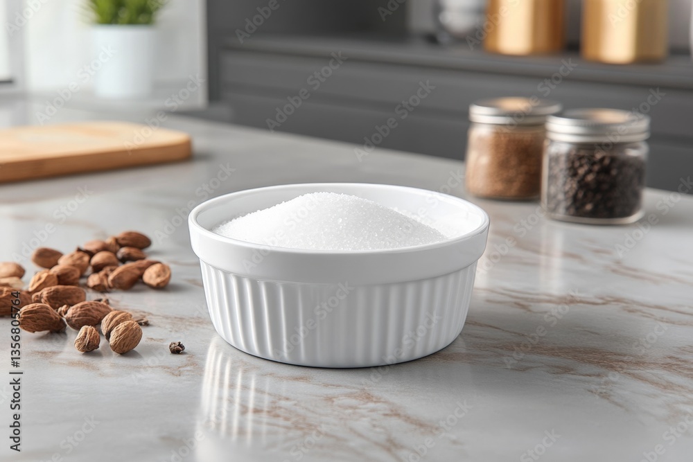 Aufkleber sugar displayed in a white bowl next to almonds and spices on a kitchen countertop