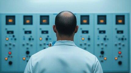 Industrial Technician Inspecting and Monitoring Control Panel on Factory Floor  Worker Performing Diagnostic Checks and Maintenance of Electrical Systems and Machinery in Manufacturing Facility