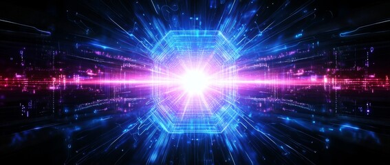 Obraz premium Abstract futuristic background with glowing blue and purple light rays, geometric patterns, and connections on a dark black backdrop for a technology or data concept design