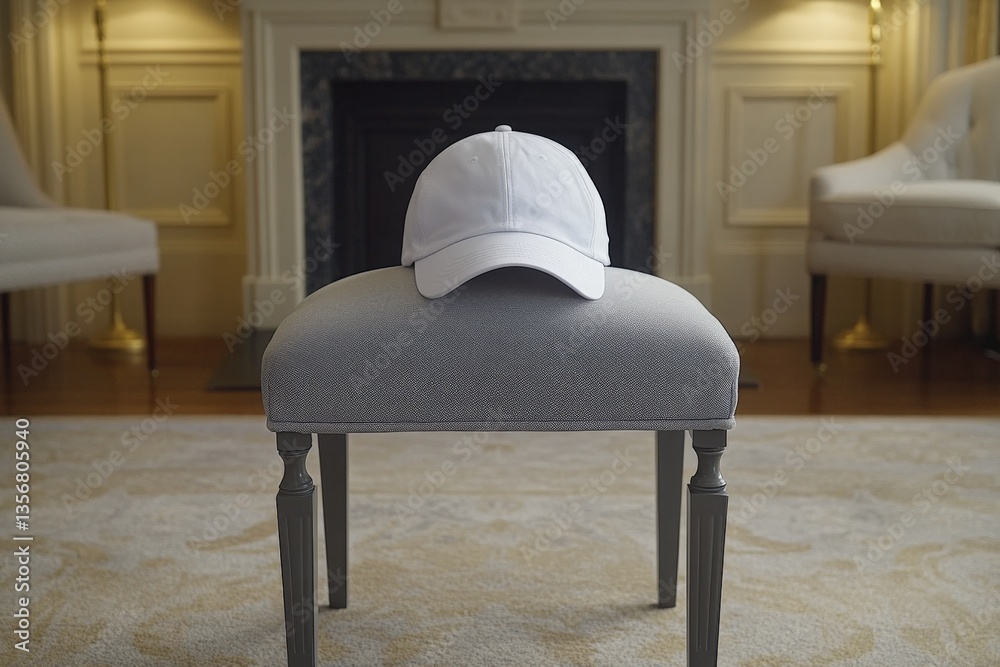 Poster white cap resting on a gray stool in an elegant room with soft lighting and armchairs
