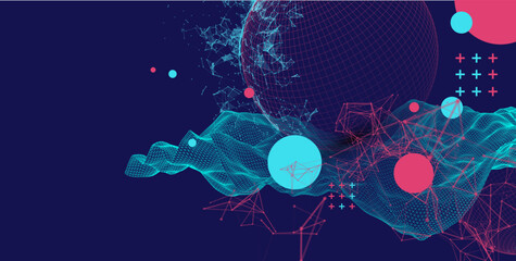 Science fiction background. Abstract image of wireframe wave and sphere with plexus effect. © Alex