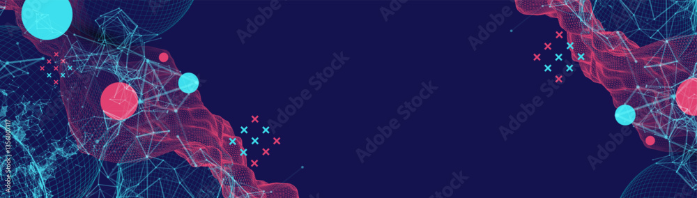 Poster Science fiction background. Abstract image of wireframe wave and sphere with plexus effect.