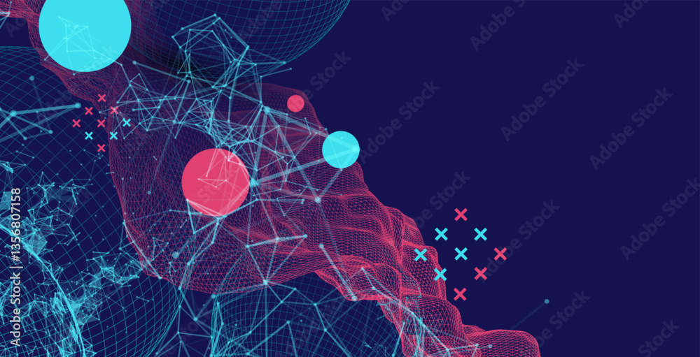 Aufkleber Science fiction background. Abstract image of wireframe wave and sphere with plexus effect.