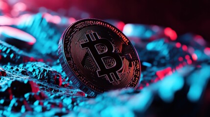 digital scene with bitcoin floating in glowing blue space and data streaming