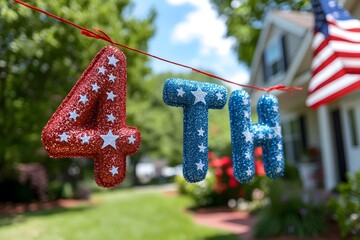 A glittery red, white, and blue banner with the numbers "4 TH" hanging on an American flag background in a front yard for a red, white, and blue party decoration