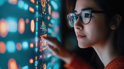 Young female technician programming and operating automation systems on a futuristic touchscreen interface in the modern high tech workspace  Concept of technology innovation software development