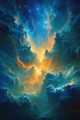 Fototapeta premium Ethereal celestial vista of swirling blue clouds and golden light creating a dreamy cosmic atmosphere with stars and nebula